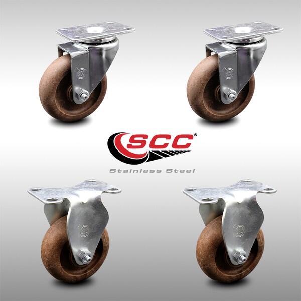 4 Inch SS High Temp Glass Filled Nylon Swivel Top Plate Caster Set with 2 Rigid